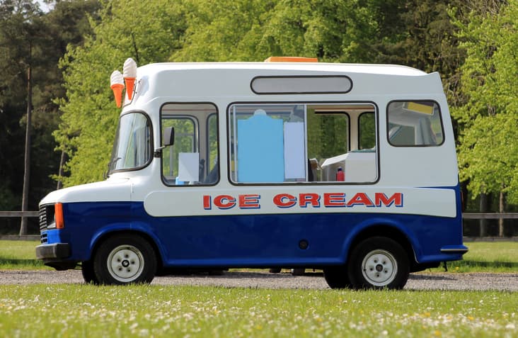 An Ice Cream Van in a park with its window open expecting customers