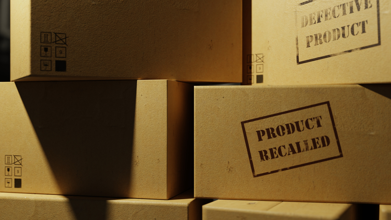 Close up of a pile of cardboard boxes. They have been stamped "Defective Product" and "Product Recalled". The boxes are bathed in soft yellow neutral lighting.